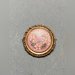 Victorian handpainted pink flower c clasp pin